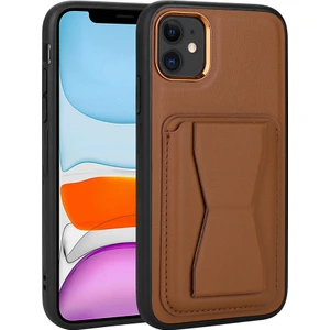 ZORE Apple iPhone 12 Kılıf Kartlıklı Standlı ​pu Deri Memo Kapak-Kahverengi