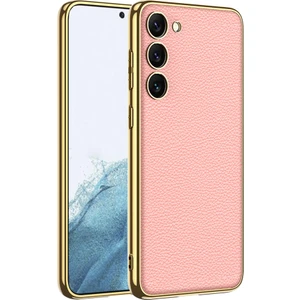 ZORE Galaxy S23 Plus Kılıf Deri Görünümlü Kenarları Elektroplating Kaplama Fizyon Kapak-Pembe