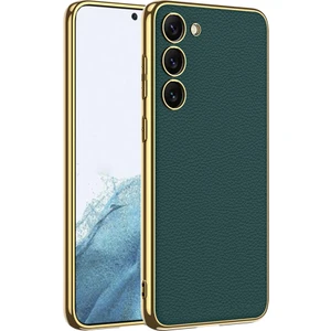 Galaxy S23 Kılıf Deri Görünümlü Kenarları Elektroplating Kaplama Fizyon Kapak-Koyu Yeşil
