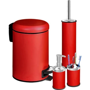 Elit Serisi 4'lü Banyo Seti Çöp Kovası Wc Fırçası Sabunluk Diş Fırçalık - Kırmızı (3 Lt'li) (Yavaş Kapanır)