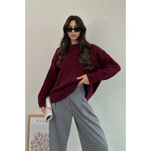 Bordo Bisiklet Yaka Oversize Triko Kazak MG1972
