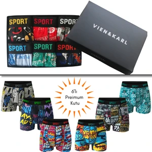 Erkek Desenli 6’lı Premium Kutu Penye Pamuklu Likralı Boxer