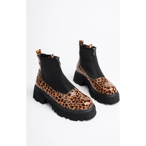 Marshetta Shoes Isabel Model Leopar Desenli Rugan Kalın Tabanlı Önden Fermuarlı Kadın Bot