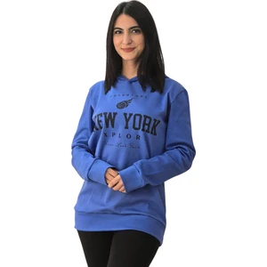 New York Baskılı Kapüşonlu Sweatshirt (Mavi)