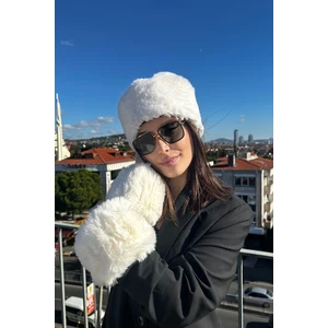 Kadın Moda Rus/slav Lüks Tüylü Peluş Suni Kürk Kalpak Şapka ve Kürk Kolluk 2'li Set Takım