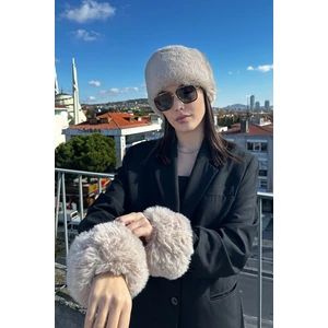 Kadın Moda Rus/slav Lüks Tüylü Peluş Suni Kürk Kalpak Şapka ve Kürk Kolluk 2'li Set Takım