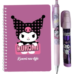 Kuromi 50 Yaprak A6 Not Defteri + 07 Uçlu Versatil Kalem + Yumurtlayan Roket Silgi ( 3 Parça ) Kromi