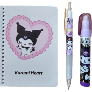 Kuromi 50 Yaprak A6 Not Defteri + 07 Uçlu Versatil Kalem + Yumurtlayan Roket Silgi ( 3 lü Set ) Kromi