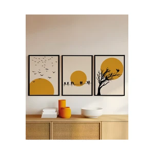 Doğal Ahşap Çerçeveli Ağaç Kuş Güneş Desenli 3'lü Minimalist Tablo