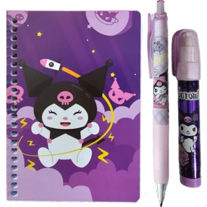 Kuromi 50 Yaprak A6 Not Defteri + 07 Uçlu Versatil Kalem + Yumurtlayan Roket Silgi ( 3 lü Set ) Kromi