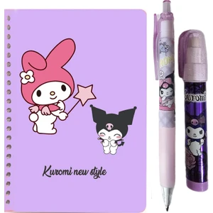 Kuromi 50 Yaprak A6 Not Defteri + 07 Uçlu Versatil Kalem + Yumurtlayan Roket Silgi ( 3 lü Set ) Kromi
