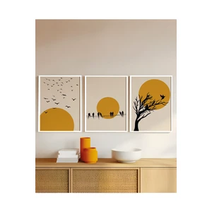 Doğal Ahşap Çerçeveli Ağaç Kuş Güneş Desenli 3'lü Minimalist Tablo