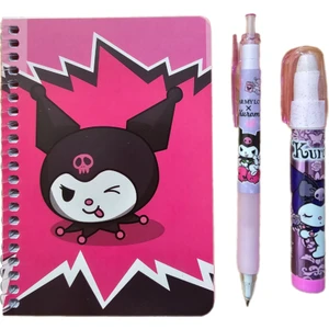 Kuromi 50 Yaprak A6 Not Defteri + 07 Uçlu Versatil Kalem + Yumurtlayan Roket Silgi ( 3 lü Set ) Kromi