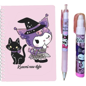 Kuromi 50 Yaprak A6 Not Defteri + 07 Uçlu Versatil Kalem + Yumurtlayan Roket Silgi ( 3 lü Set ) Kromi