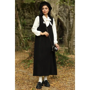 Küçüğüm Butik Siyah Kaşe Uzun Kışlık V Yaka Jile Elbise ve Kaşe Şapka (Elbise-Şapka)