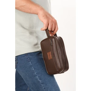 Erkek Kahverengi Deri Portföy Clutch Traş Kozmetik Bakım ve Günlük El Çantası new269