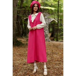 Küçüğüm Butik Pembe Kaşe Uzun Kışlık V Yaka Jile Elbise ve Kaşe Şapka (Elbise-Şapka)