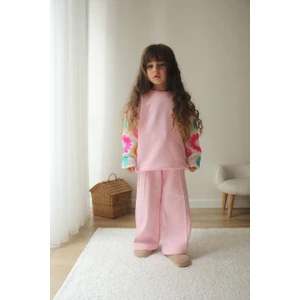 Sacro Kids Pembe Kollar Örgü Çiçek Desenli Eşofman-Sweatshirt 3 Iplik Şardonlu Kışlık Kız Çocuk Takım
