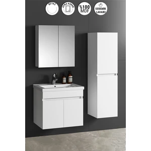 Çiğdem 65+35 cm Beyaz Mdf Seramik Lavabolu Sepetli Asma Banyo Dolabı Takımı
