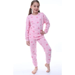 Bunny Hopp Pamuk Penye Kumaş Kalp Desenli Uzun Kollu Kız Çocuk Pijama Takımı 3,4,5,6,7,8 Yaş