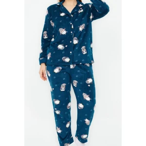 Kadın Moda Şık Büyük Beden Gömlek Yaka Boru Paça Uzun Kol Penguen Desenli Örme Pijama Takımı