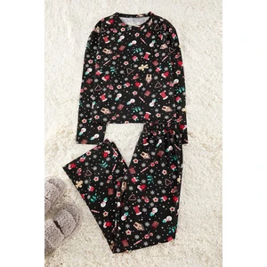 Kadın Moda Şık Bisiklet Yaka Boru Paça Uzun Kol Pamuklu Yılbaşı Temalı Örme Pijama Takımı