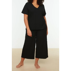 Tarz Rahat Büyük Beden Kısa Kollu Geniş Paça Fitilli Capri Boy Örme Pijama Takımı