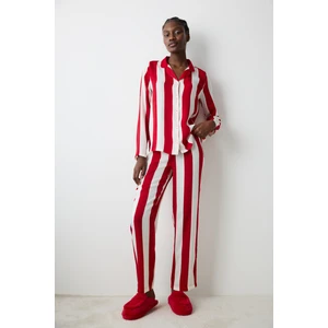Aria Saten Kırmızı Gömlek Pantolon Pijama Takımı
