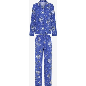 Çiçek Baskılı Saks Mavisi Gömlek Pantolon Pijama Takımı