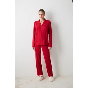New York Time Kırmızı Gömlek Pantolon Pijama Takımı