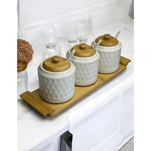 Porselen 3 Parça Bambu Standlı Porselen Kaşıklı Lüks Baharatlık Seti