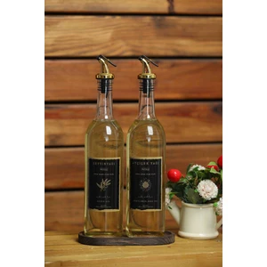 Büyülü Home 2'Li Ahsap Stantlı Gold 750 Ml Ayçiçek Yağı Zeytinyağı Sisesi Yağdanlik