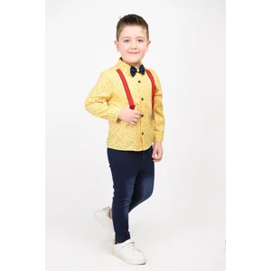 Kot Pantolonlu Kırmızı Askılı ve Papyonlu Desenli Gömlekli Erkek 2'li Takım