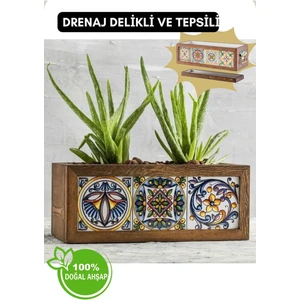 El Yapımı 3 Meksika Çinili Dekoratif Modern Ahşap Dikdörtgen Bahçe Balkon Saksı Saksılık Çiçeklik