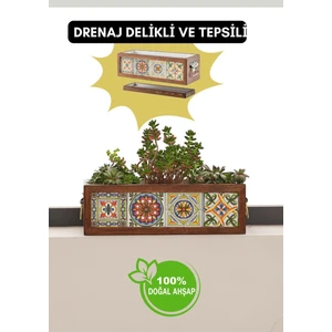 El Yapımı 4 Meksika Çinili Dekoratif Modern Ahşap Dikdörtgen Bahçe Balkon Saksı Saksılık Çiçeklik