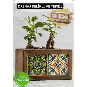 El Yapımı 2 Meksika Çinili Dekoratif Modern Ahşap Dikdörtgen Bahçe Balkon Saksı Saksılık Çiçeklik