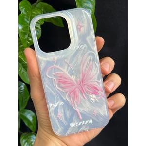 Apple iPhone 16 Pro [2024] Gümüş Tüy Desenli Kelebekler Arkası Sert Yanları Yumuşak Silikon Kılıf