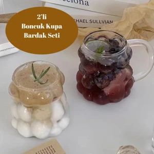 Kulplu Boncuk Bardak Şekilli Bardak Seti - Kahve ve Sunum Bardağı Borosilikat 2'li