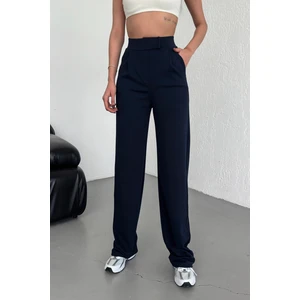 Kadın Lacivert Yüksek Bel Likralı Esnek Cırt Kapamalı Pileli Rahat Kalıp Palazzo Pantolon