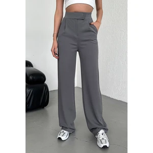 Kadın Gri Yüksek Bel Likralı Esnek Cırt Kapamalı Pileli Rahat Kalıp Palazzo Pantolon