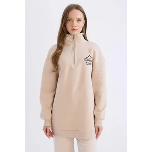 Relax Fit Yarım Fermuarlı Dik Yaka Baskılı İçi Yumuşak Tüylü Kalın Sweatshirt Tunik E5402AX24WN
