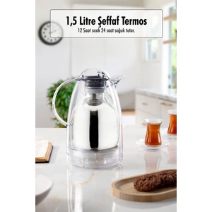 1.5 Lt Isı Yalıtımlı Çay ve Soğuk Su Termosu Şeffaf (12 Saat Sıcak Tutar& Içi Camdır)