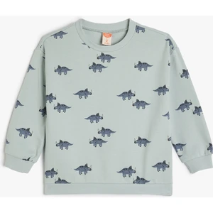 Dinozor Baskılı Bisiklet Yaka Pamuklu Sweatshirt