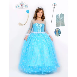 Butik Happy Kids Prenses Elsa Kostümü Uzun Kollu Elsa Kostümü +Taç+Asa+Saç+Eldiven+Rozet 6 Lı Set