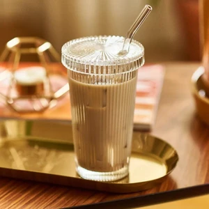 Cam Kapaklı Pipetli Borosilikat Sunum Bardağı - Isıya Dayanıklı Bardak - Kahve Bardağı - 400 ml - Latte