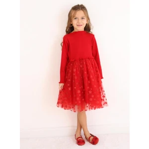 Kırmızı  Yıldız Baskılı Tül Etekli Kız Çocuk Elbise - Karen