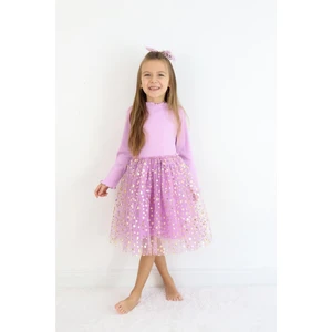 Lila  Yıldız Baskılı Tül Etekli Kız Çocuk Elbise - Karen