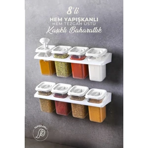 8'Li Kaşıklı, Yapışkanlı, Standlı 400 Ml Baharatlık Seti Beyaz
