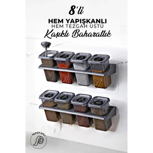 8'Li Kaşıklı, Yapışkanlı, Standlı 400 Ml Baharatlık Seti Füme