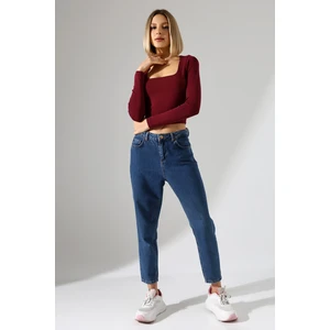 Kare Yaka Penye Kompakt Esnek Kumaş Uzun Kol Bluz 21650 Bordo